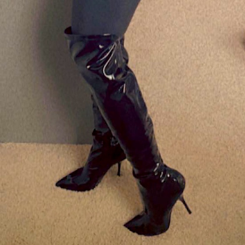 Black stiletto vinyl thigh high boots. Never worn, NEW!